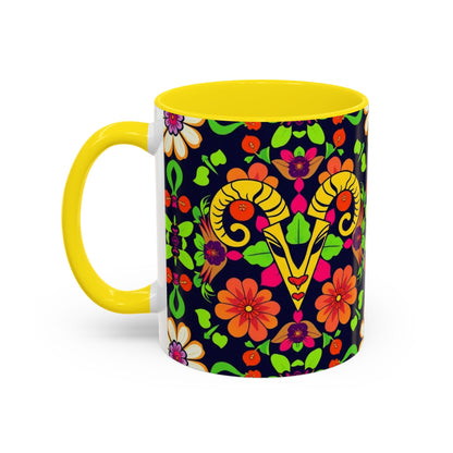 Accent Coffee Mug, Aries, Zodiac v2, Flower Pattern, (11, 15oz)