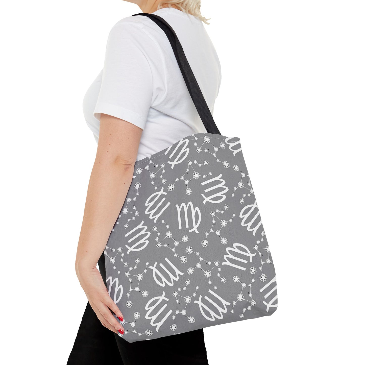 Tote Bag, Virgo Zodiac Sign, AOP, (Grey, White)