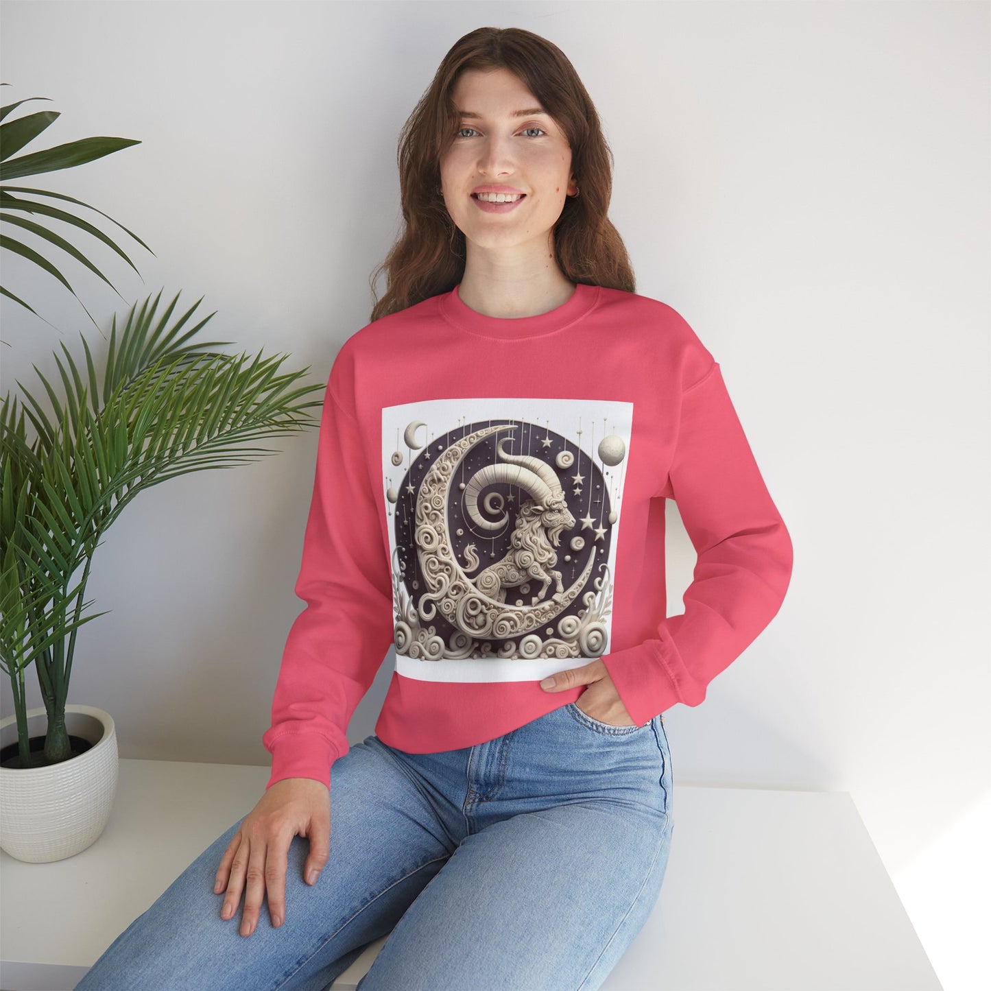 Unisex Heavy Blend™ Crewneck Sweatshirt, Stone Moon, Capricorn Zodiac Design