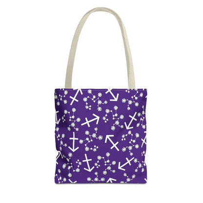 Tote Bag, Sagittarius Zodiac Sign, AOP, (Purple, White Print)