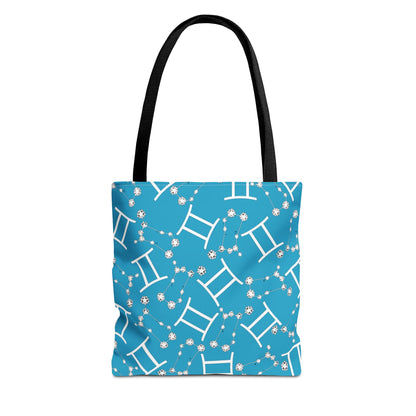 Tote Bag, Gemini Zodiac Sign, AOP, (Turquoise, White Print)