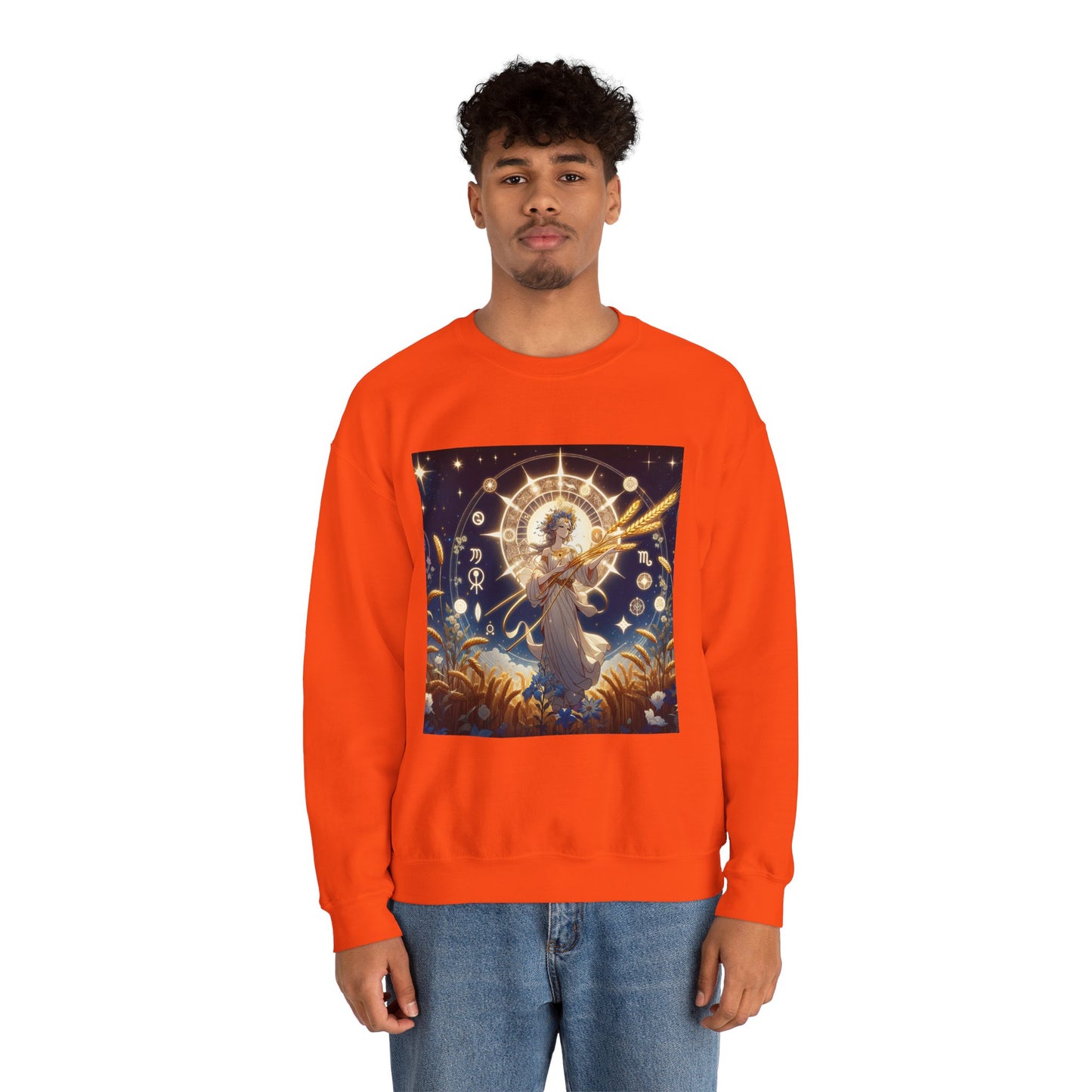 Unisex Heavy Blend™ Crewneck Sweatshirt, anime girl in wheat field, Virgo Zodiac Design