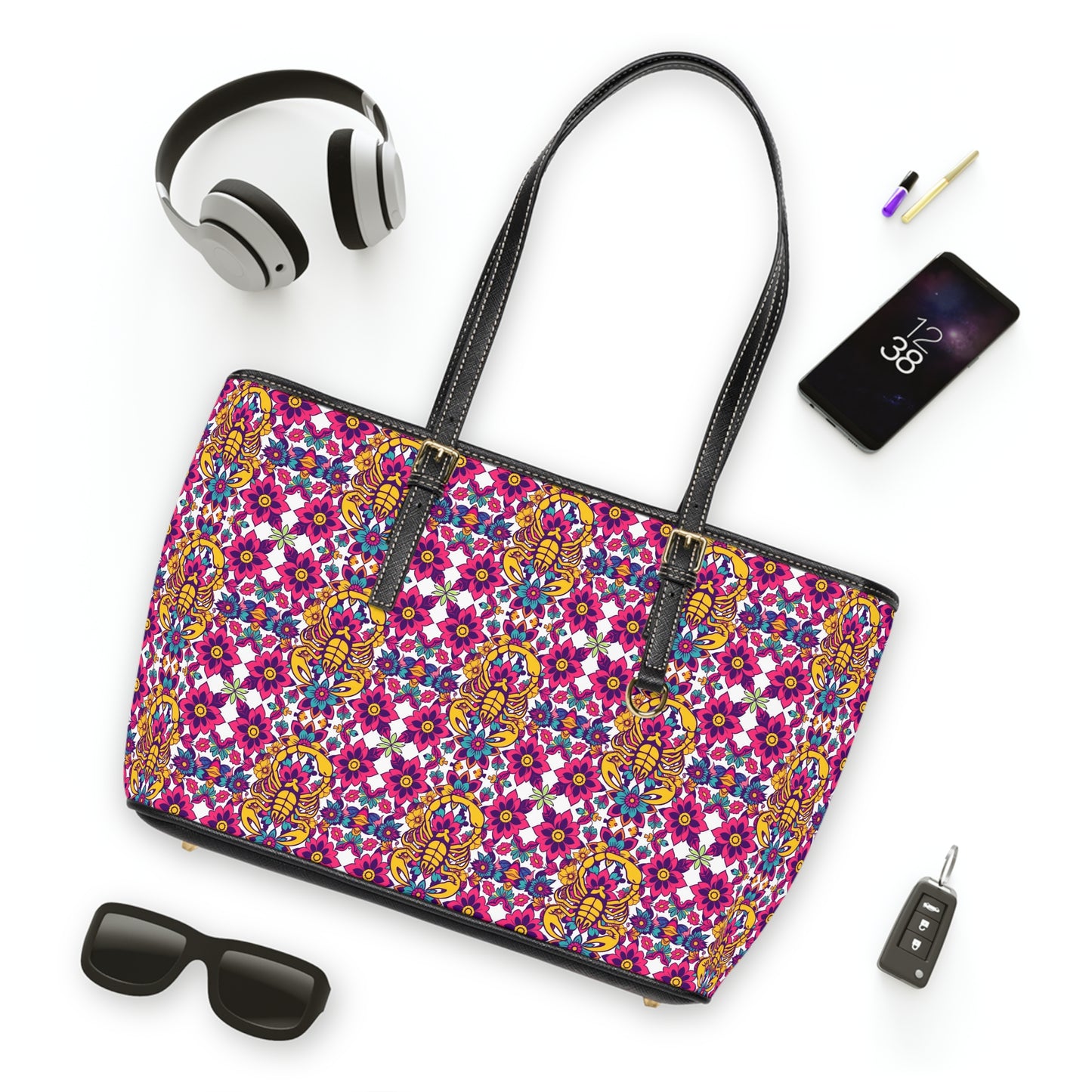 Leather Shoulder Bag, Scorpio, Zodiac v1, Flower Pattern