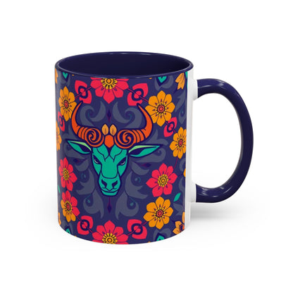 Accent Coffee Mug, Taurus, Zodiac. Flower Pattern, (11, 15oz)