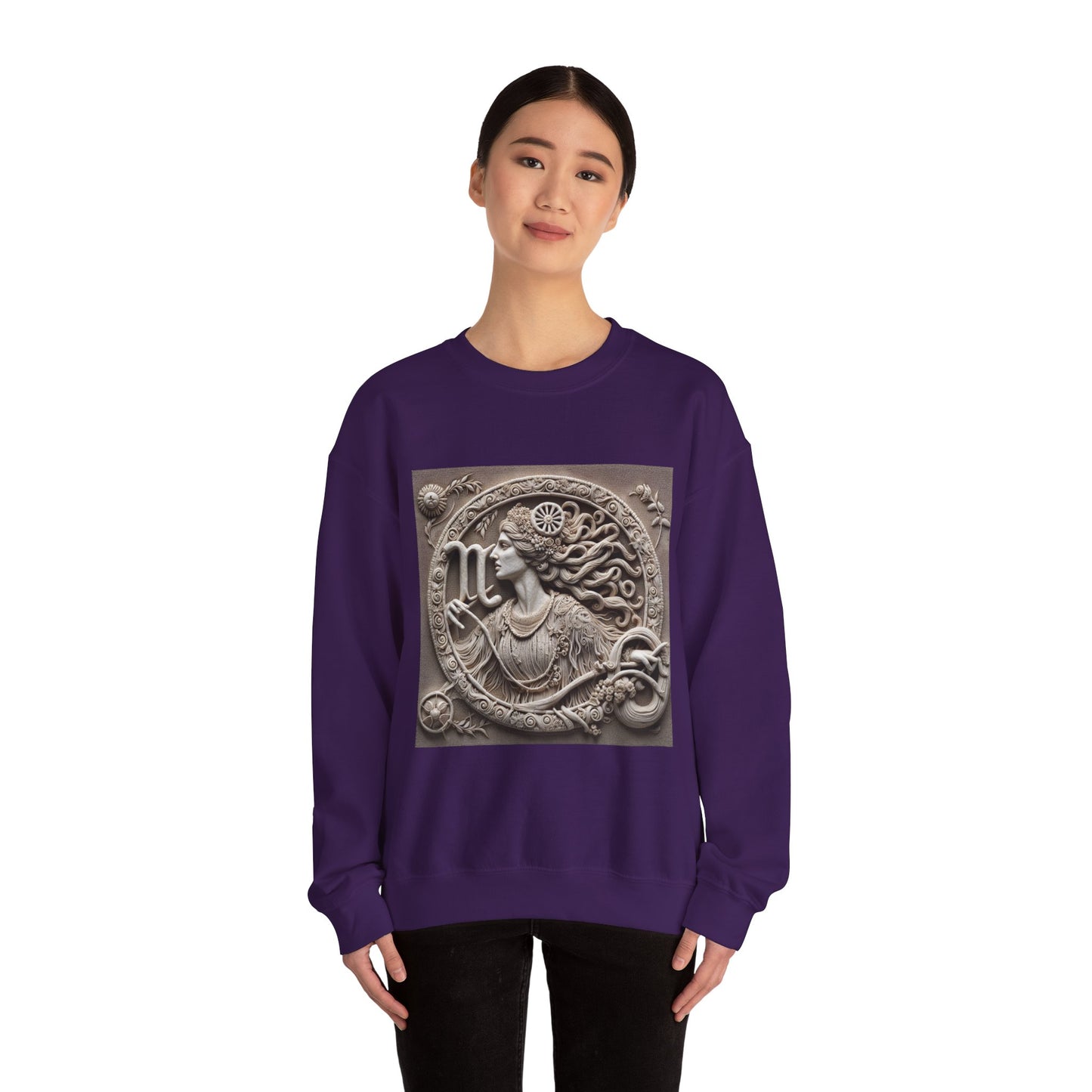 Unisex Heavy Blend™ Crewneck Sweatshirt, Stone Carving, Virgo Zodiac Design