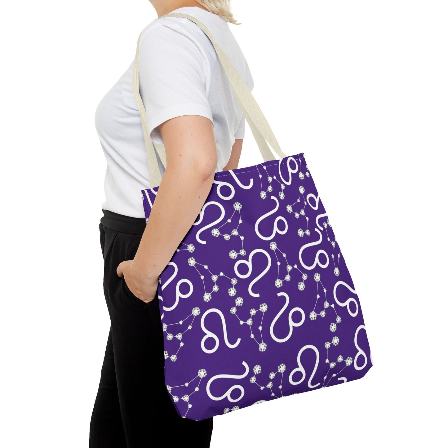 Tote Bag, Leo Zodiac Sign, AOP, (Purple, White)