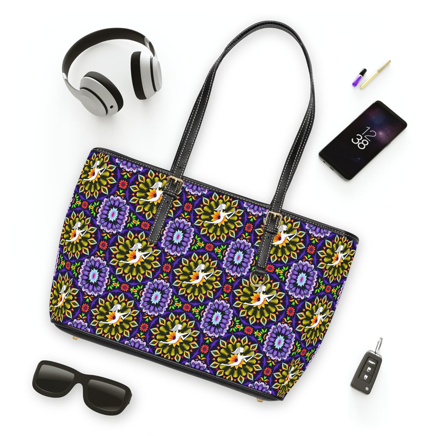 Leather Shoulder Bag, Sagittarius, Zodiac v2, Flower Pattern