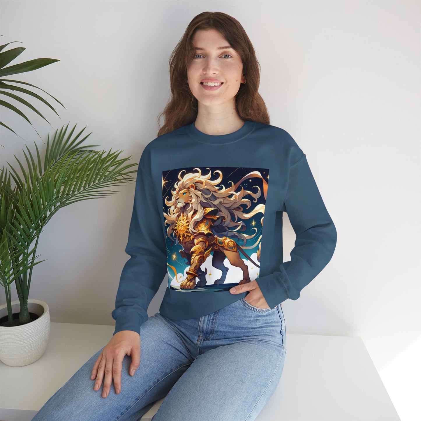 Unisex Heavy Blend™ Crewneck Sweatshirt,Cool Lion with White Hair, Leo Zodiac Design