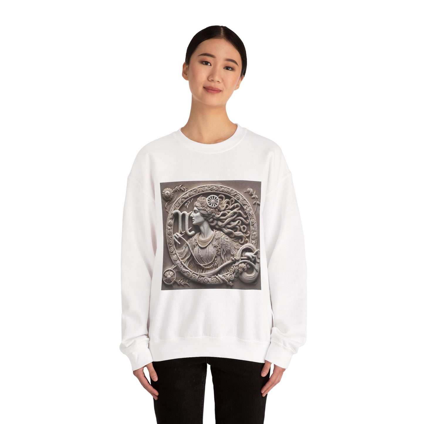 Unisex Heavy Blend™ Crewneck Sweatshirt, Stone Carving, Virgo Zodiac Design