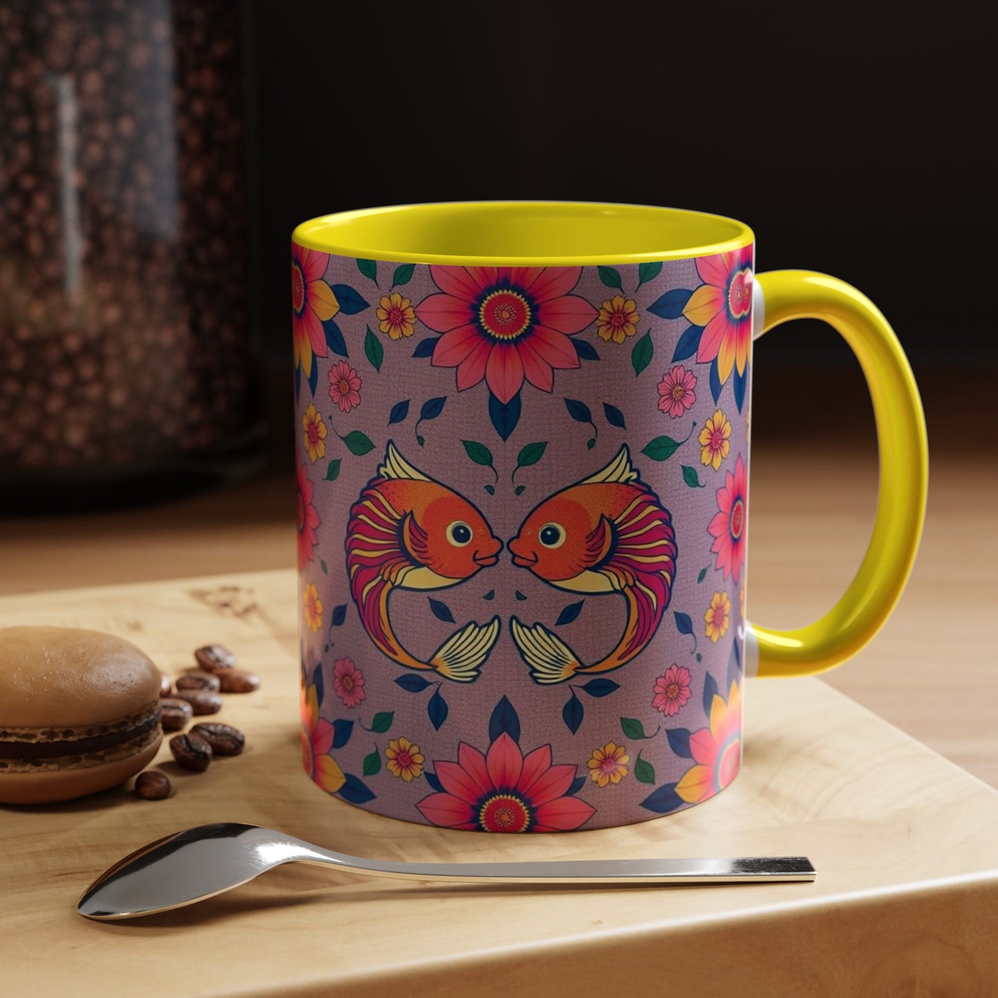 Accent Coffee Mug, Pisces, Zodiac v2, Flower Pattern, (11, 15oz)