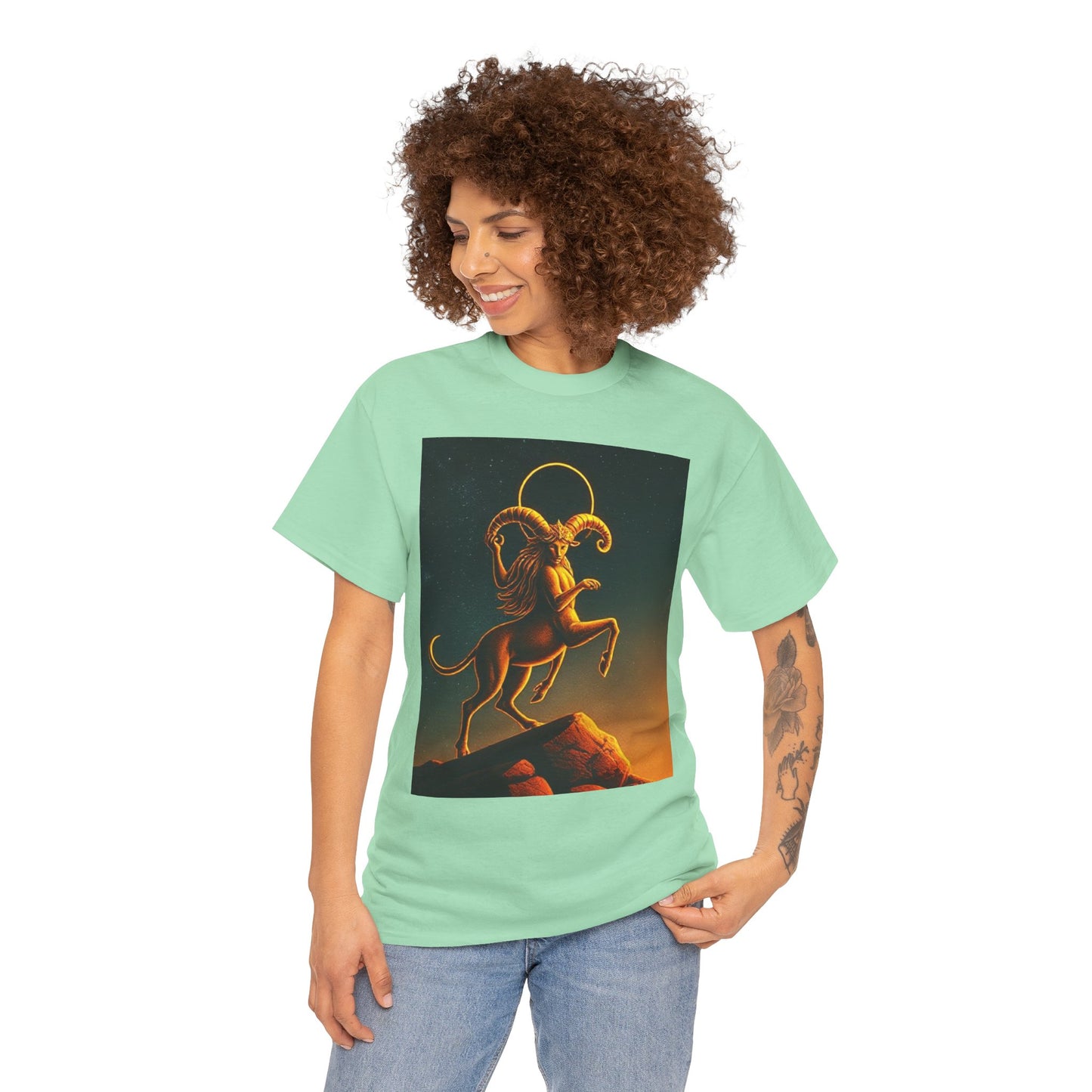 Unisex Heavy Cotton T-Shirt, Mountain Top, Aries Zodiac Design
