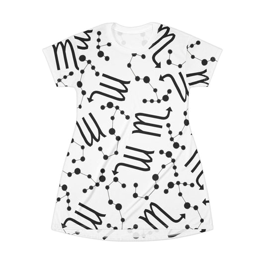 T-Shirt Dress (AOP), 100% Polyester, White thread color, Scorpio Zodiac design
