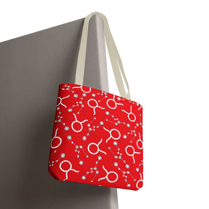 Tote Bag, Taurus Zodiac Sign, AOP, (Red, White)
