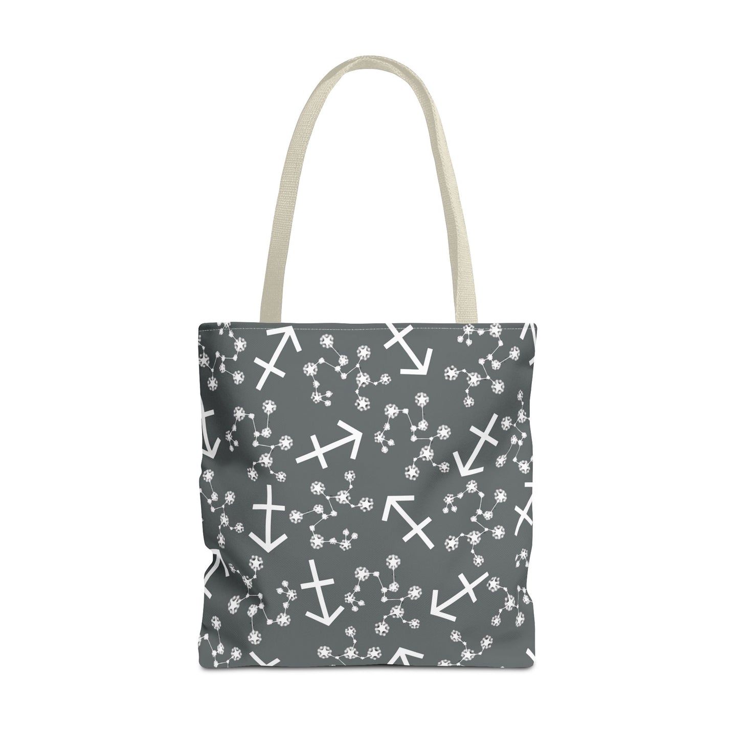 Tote Bag, Sagittarius Zodiac Sign, AOP, (Grey, White Print)