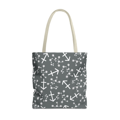 Tote Bag, Sagittarius Zodiac Sign, AOP, (Grey, White Print)
