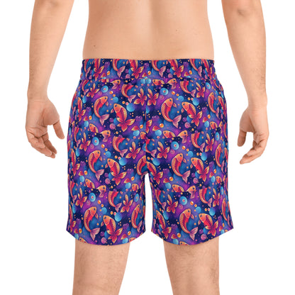 Men's Mid-Length Swim Shorts, (AOP), Pisces, Zodiac v2, Bubble Pattern