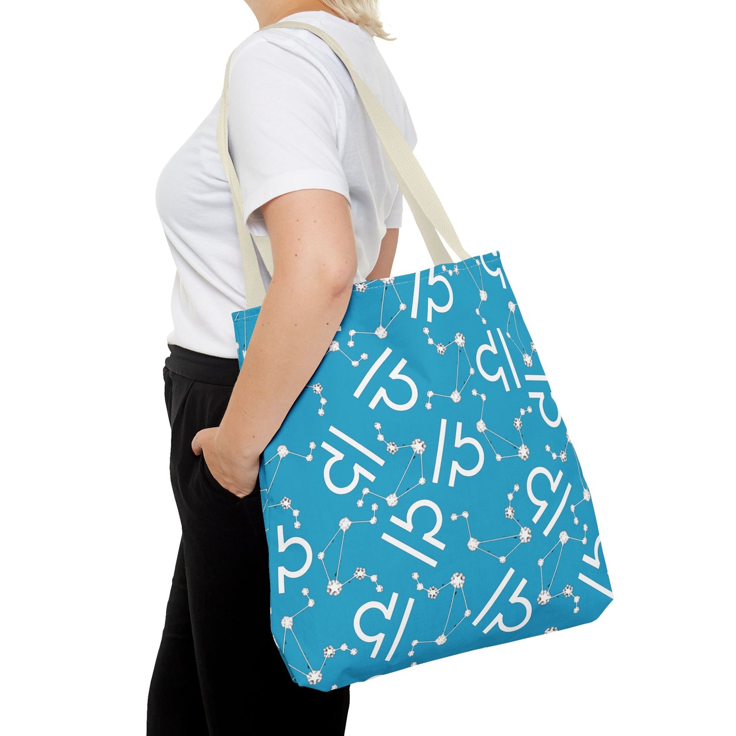 Tote Bag, Libra Zodiac Sign, AOP, (Turquoise, White)