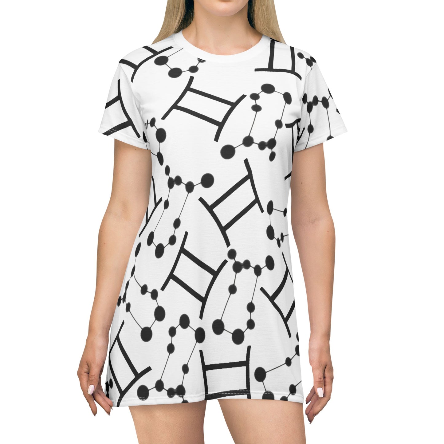 T-Shirt Dress (AOP), 100% Polyester, White thread color, Gemini Zodiac design