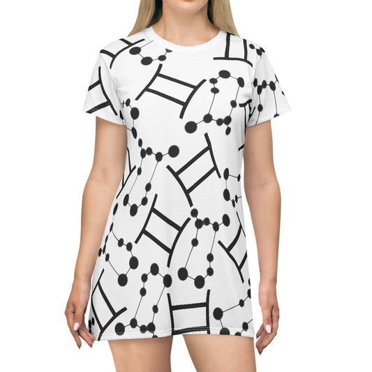 T-Shirt Dress (AOP), 100% Polyester, White thread color, Gemini Zodiac design