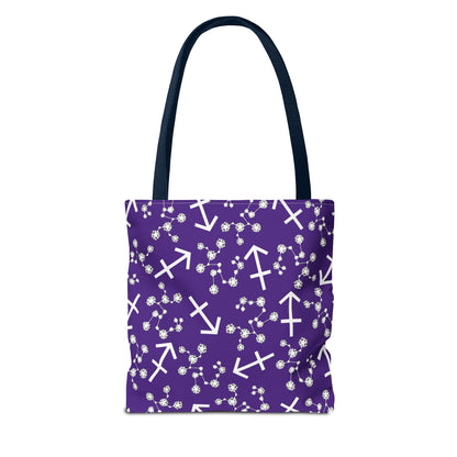 Tote Bag, Sagittarius Zodiac Sign, AOP, (Purple, White Print)
