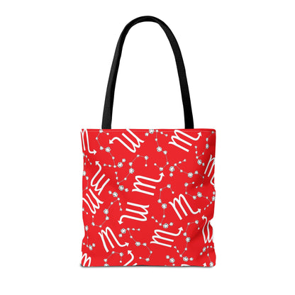 Tote Bag, Scorpio Zodiac Sign, AOP, (Red, White)