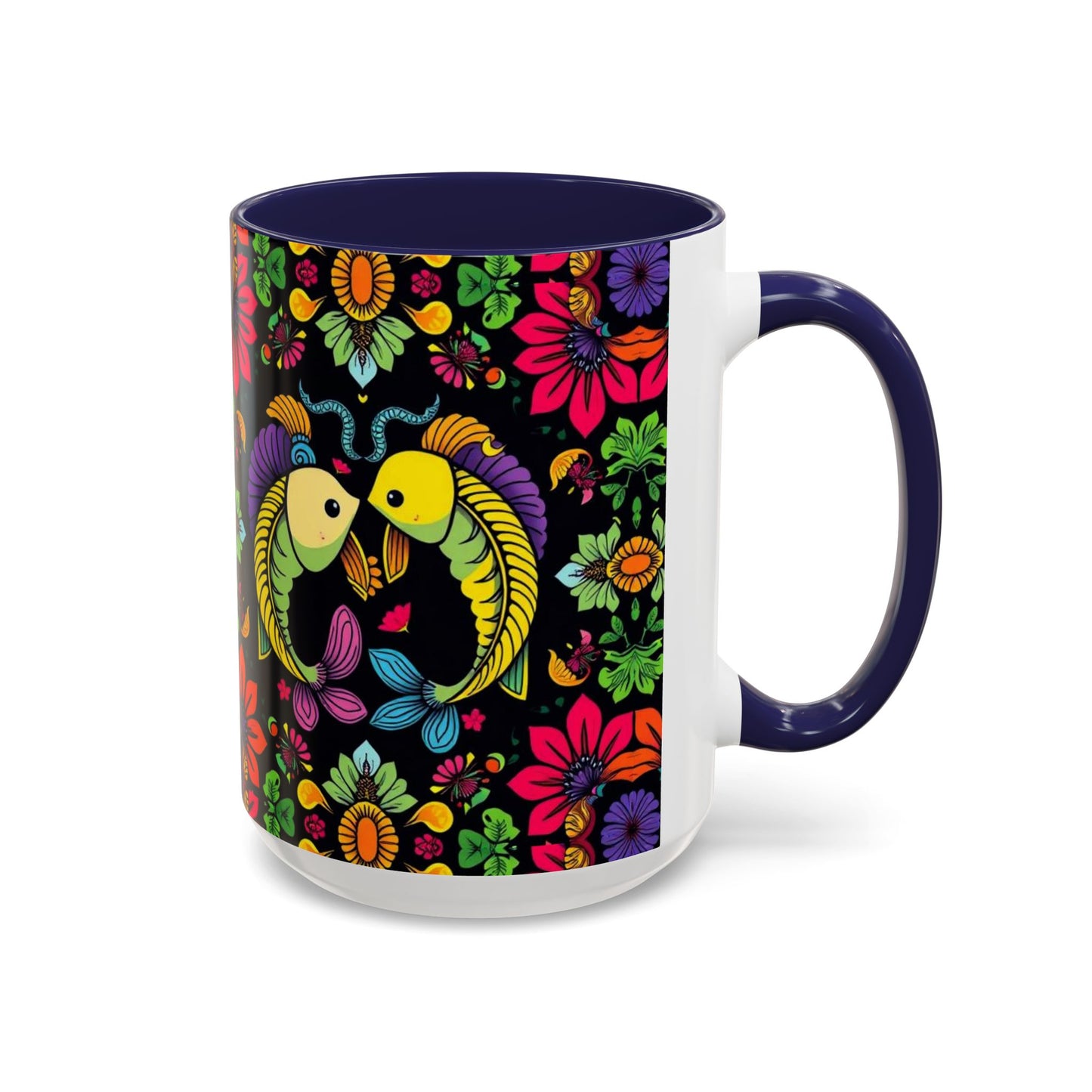 Accent Coffee Mug, Pisces, Zodiac v3, Flower Pattern, (11, 15oz)