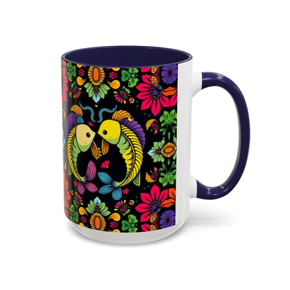 Accent Coffee Mug, Pisces, Zodiac v3, Flower Pattern, (11, 15oz)