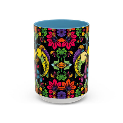 Accent Coffee Mug, Pisces, Zodiac v3, Flower Pattern, (11, 15oz)