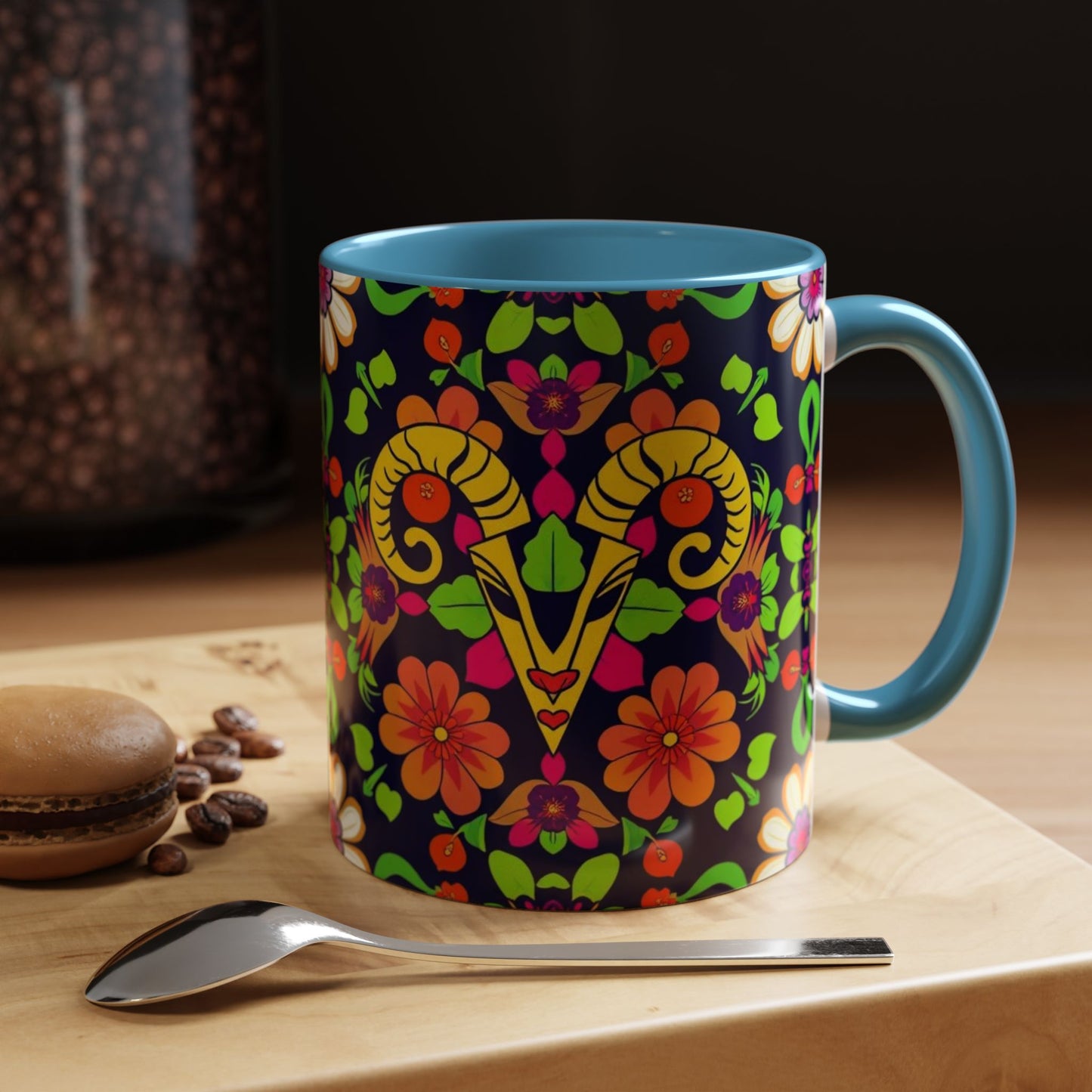Accent Coffee Mug, Aries, Zodiac v2, Flower Pattern, (11, 15oz)