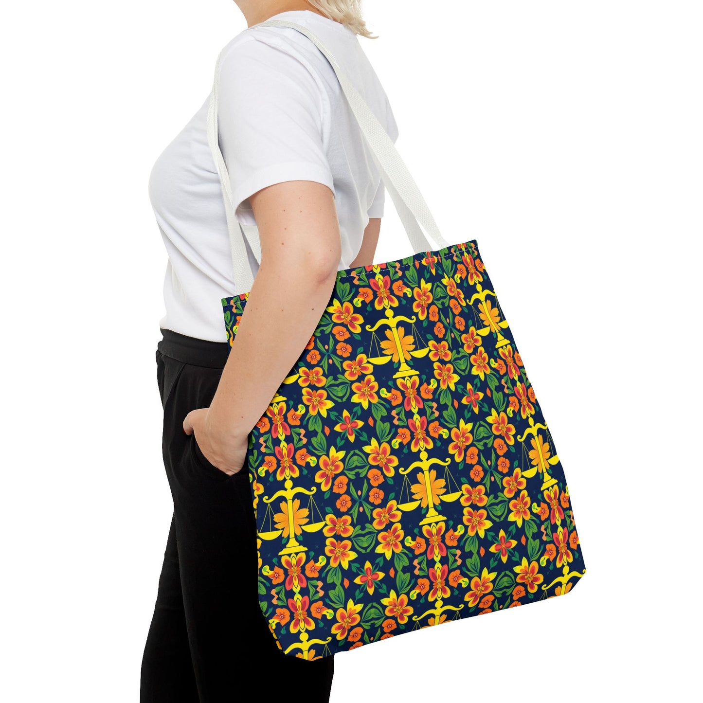 Tote Bag, (AOP), Libra, Zodiac v3, Flower Pattern