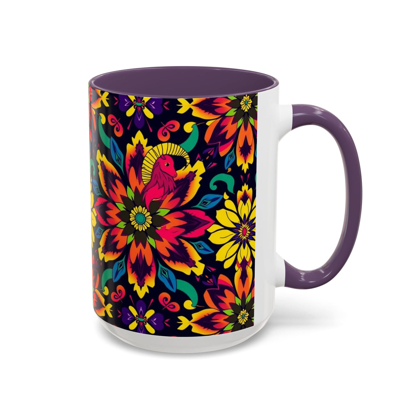 Accent Coffee Mug, Capricorn, Zodiac v4, Flower Pattern, (11, 15oz)