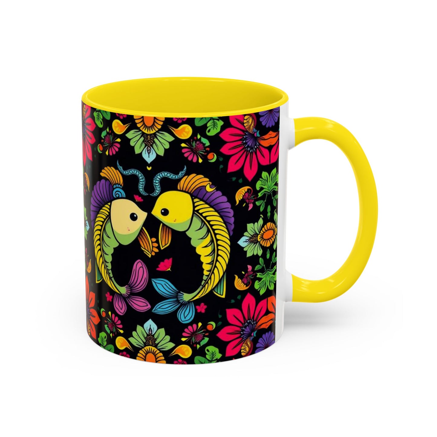 Accent Coffee Mug, Pisces, Zodiac v3, Flower Pattern, (11, 15oz)