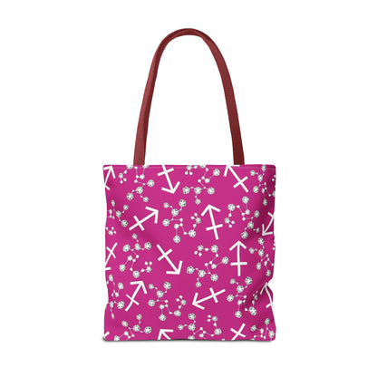 Tote Bag, Sagittarius Zodiac Sign, AOP, (Pink, White Print)