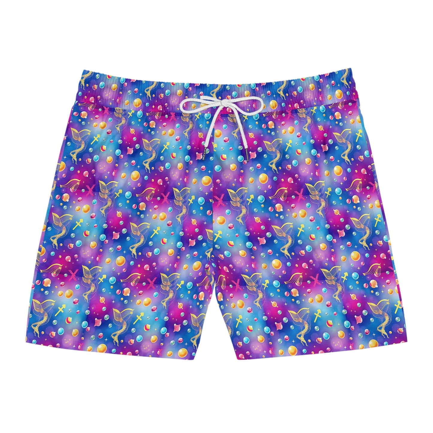 Men's Mid-Length Swim Shorts, (AOP), Sagittarius, Zodiac, Bubble Pattern