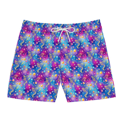 Men's Mid-Length Swim Shorts, (AOP), Sagittarius, Zodiac, Bubble Pattern