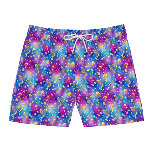 Men's Mid-Length Swim Shorts, (AOP), Sagittarius, Zodiac, Bubble Pattern