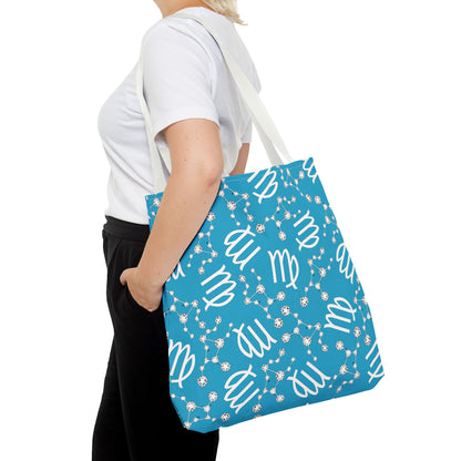 Tote Bag, Virgo Zodiac Sign, AOP, (Turquoise, White)