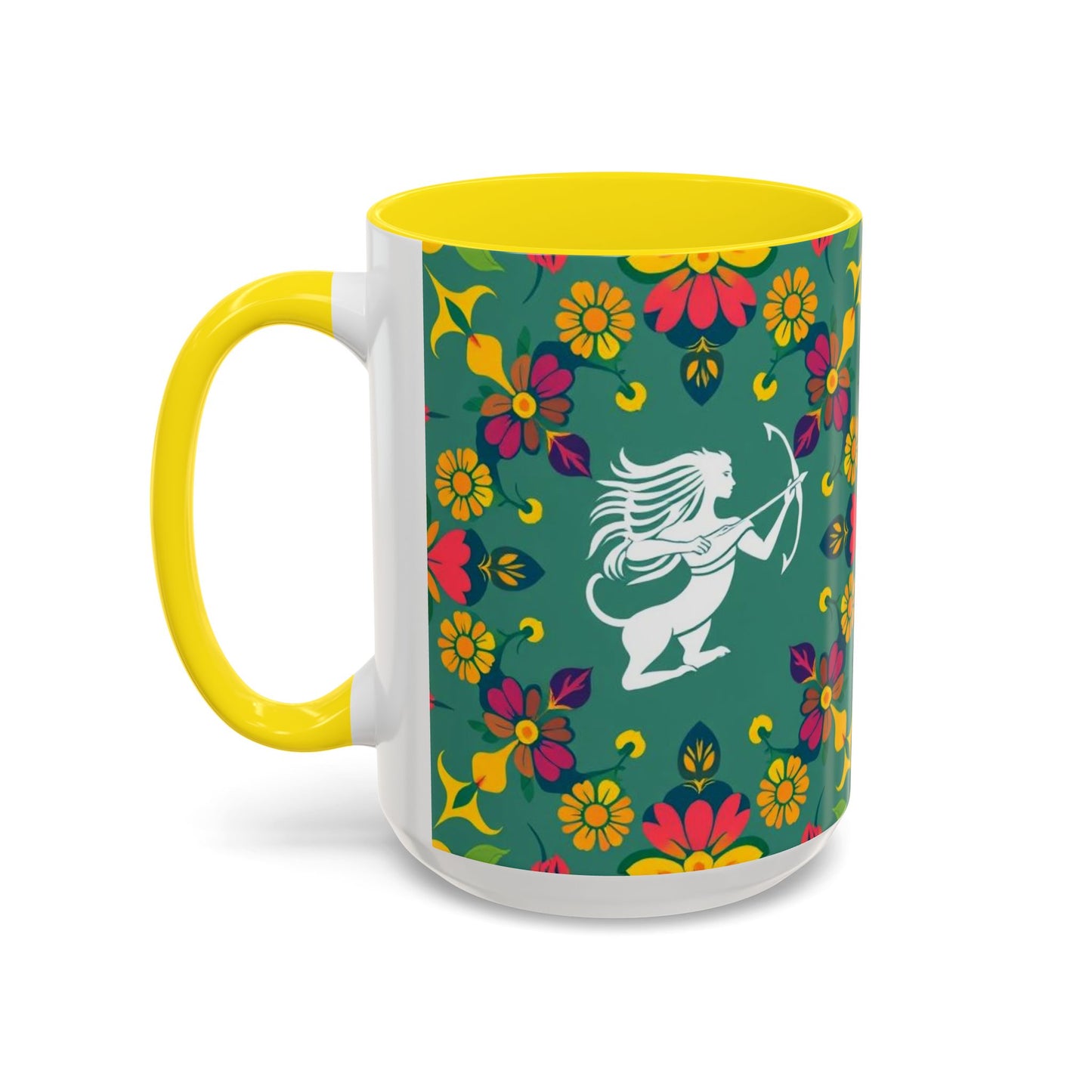 Accent Coffee Mug, Sagittarius, Zodiac. Flower Pattern, (11, 15oz)