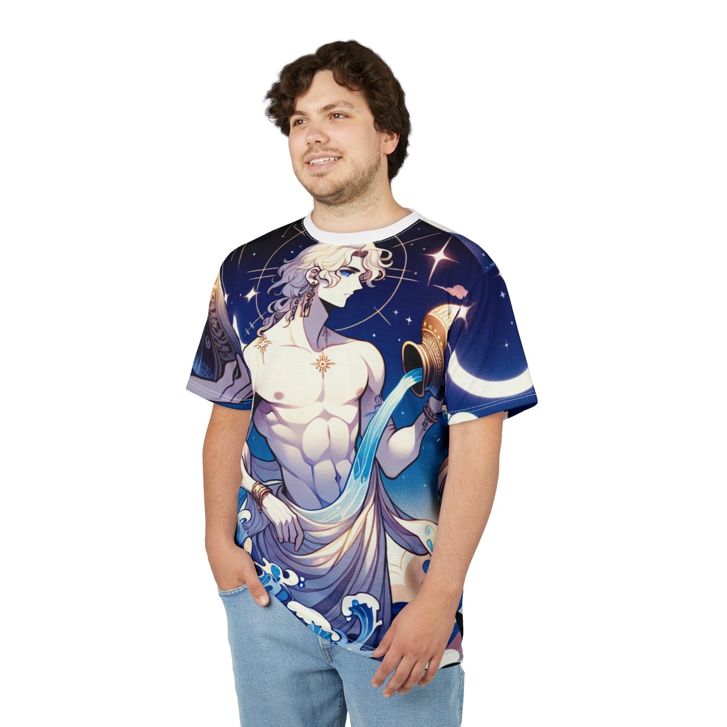 Unisex Cut & Sew T-Shirt (AOP), Anime Character, Aquarius Zodiac Design, Regular fit, 100% Polyester