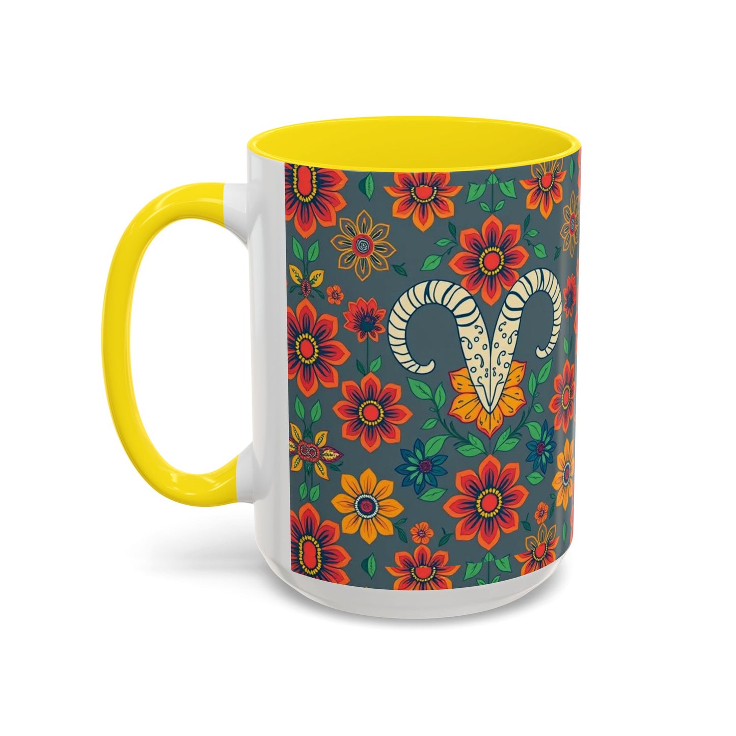 Accent Coffee Mug, Aries, Zodiac v4, Flower Pattern, (11, 15oz)