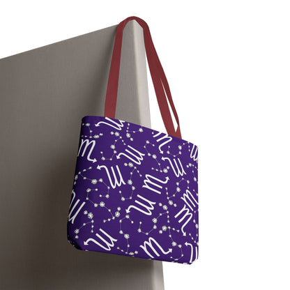 Tote Bag, Scorpio Zodiac Sign, AOP, (Purple, White)