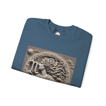 Unisex Heavy Blend™ Crewneck Sweatshirt, Stone Carving, Virgo Zodiac Design