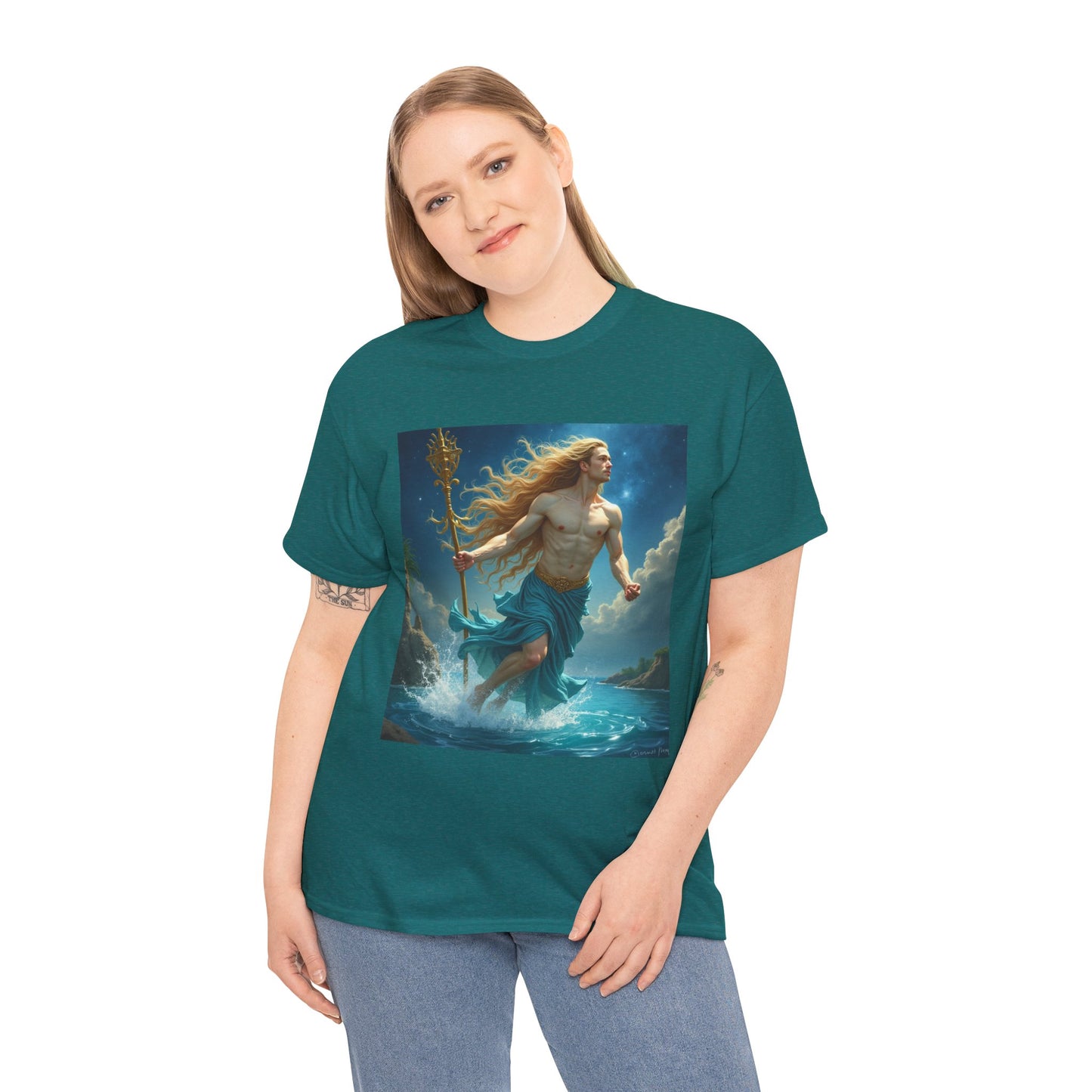 Unisex Heavy Cotton T-Shirt, Aquarius God 4v, Zodiac Design