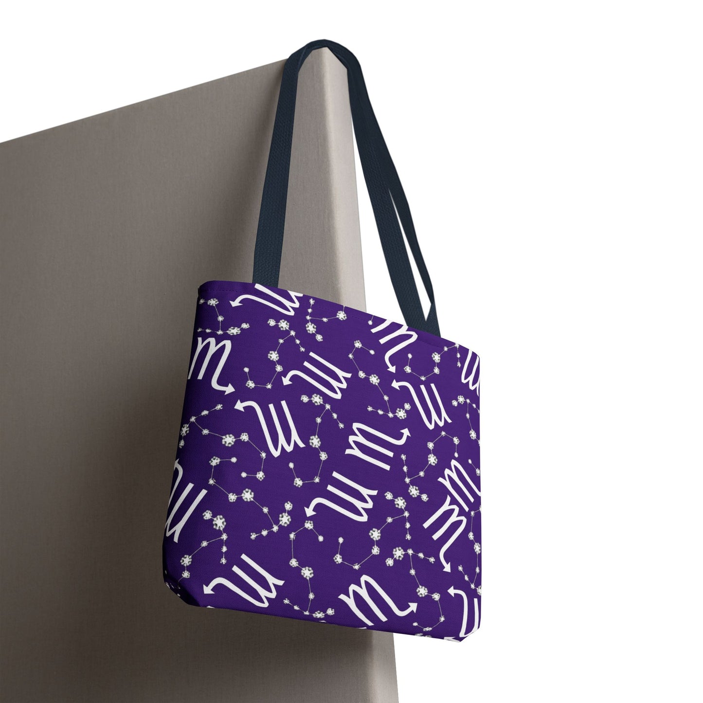 Tote Bag, Scorpio Zodiac Sign, AOP, (Purple, White)