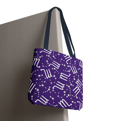 Tote Bag, Scorpio Zodiac Sign, AOP, (Purple, White)
