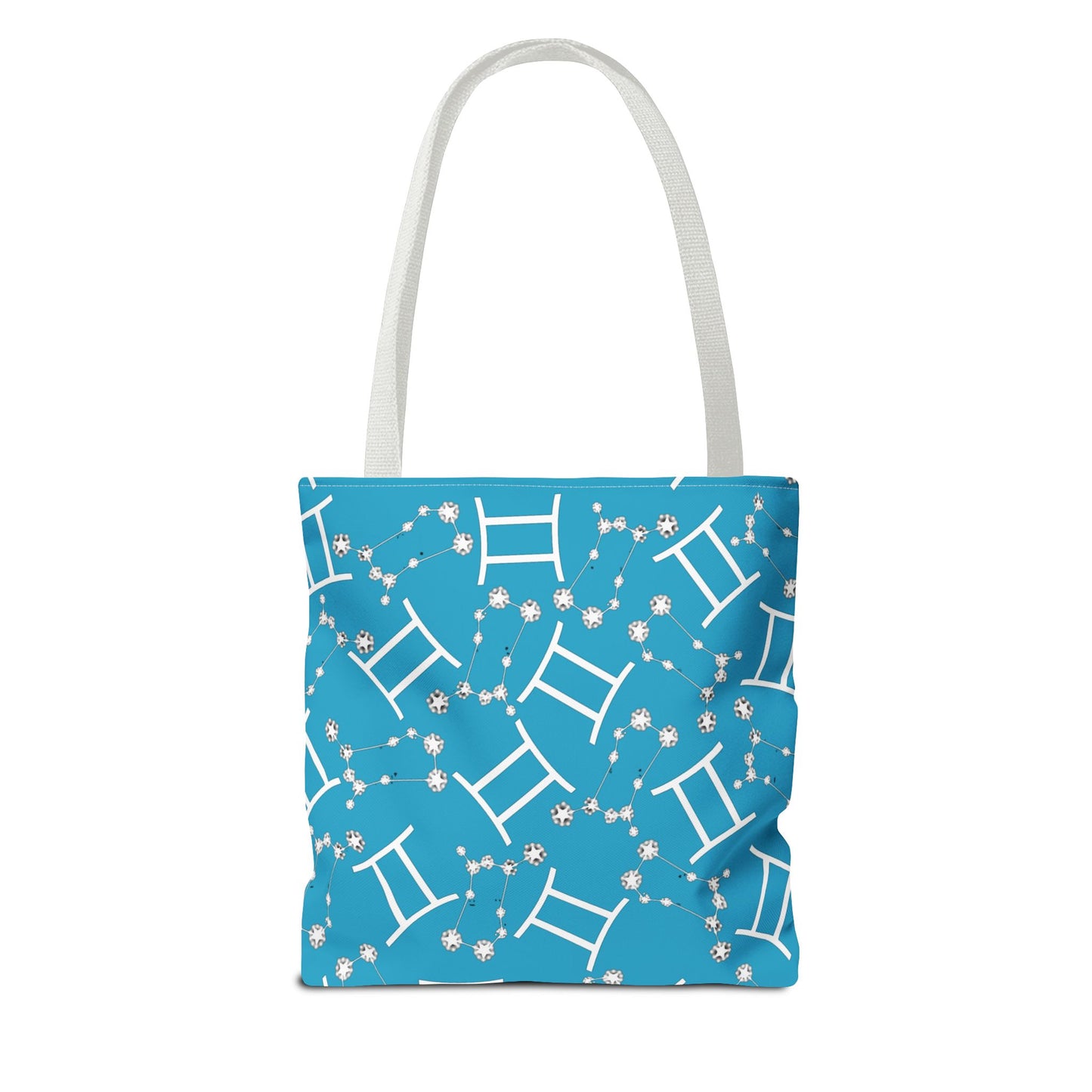 Tote Bag, Gemini Zodiac Sign, AOP, (Turquoise, White Print)