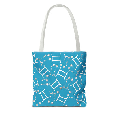 Tote Bag, Gemini Zodiac Sign, AOP, (Turquoise, White Print)