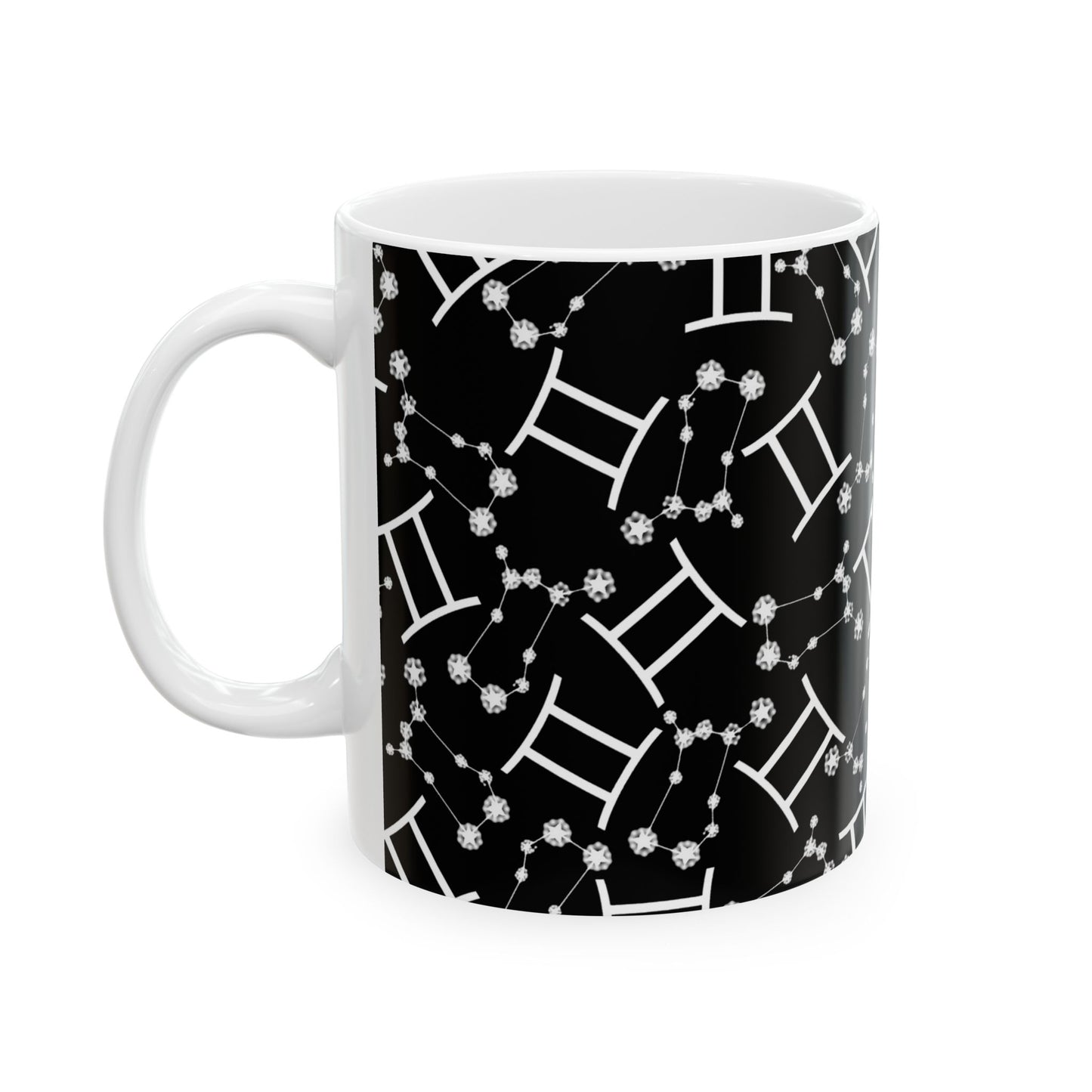 Ceramic Mug, (11oz, 15oz), Ceramic Coffee Mug, Black AOP, Gemini Zodiac Design
