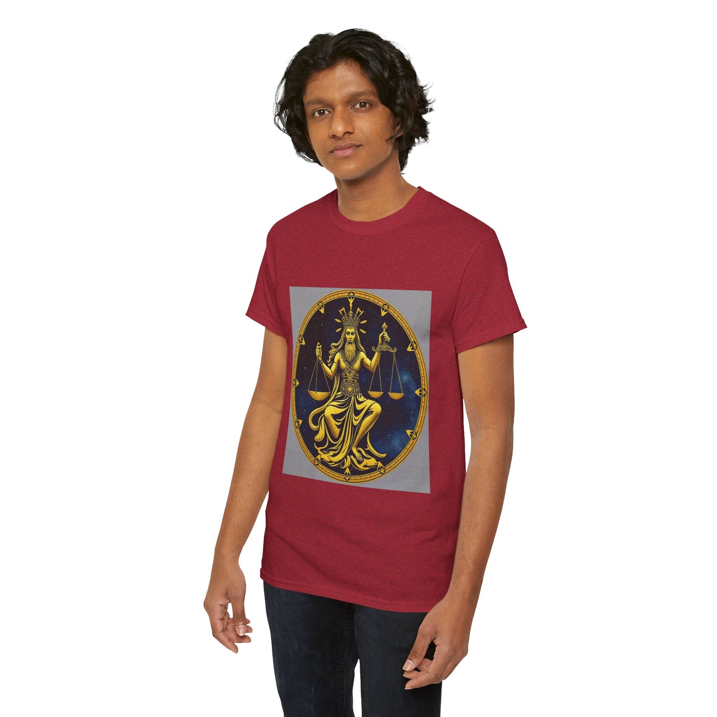 Unisex Heavy Cotton T-Shirt, Gold Libra God, Zodiac Design