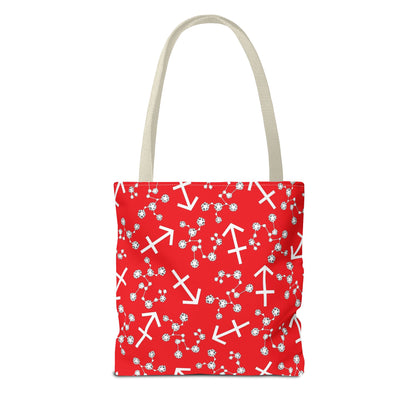 Tote Bag, Sagittarius Zodiac Sign, AOP, (Red, White Print)